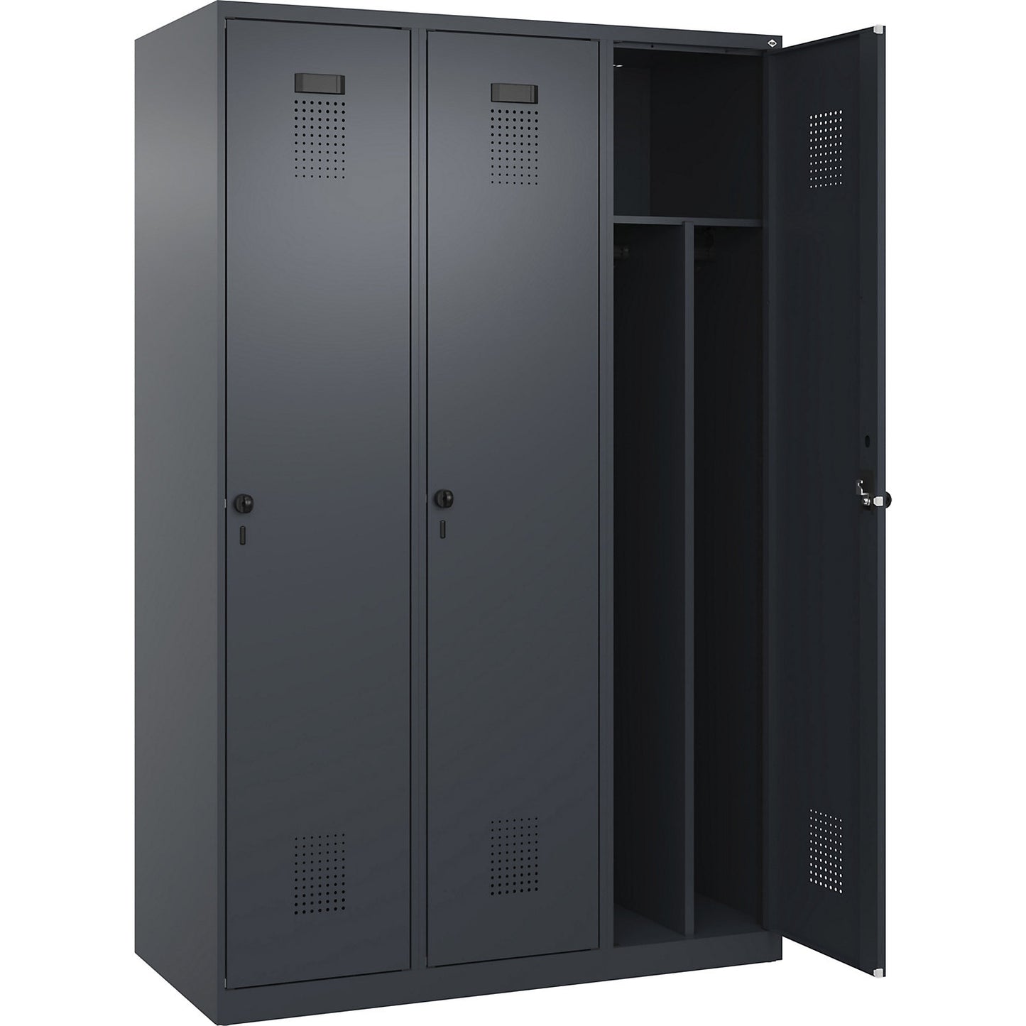 Evolo PLUS clean and dirty clothes locker, narrow, 3 compartments, shortened centre divider, grey, W 1200 mm, with floor glides, security rotary bolt.