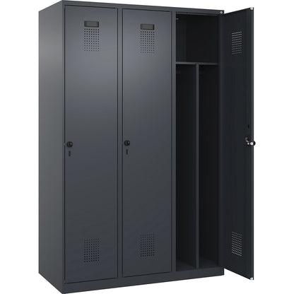 Evolo PLUS clean and dirty clothes locker, narrow, 3 compartments, shortened centre divider, grey, W 1200 mm, with floor glides, security rotary bolt.