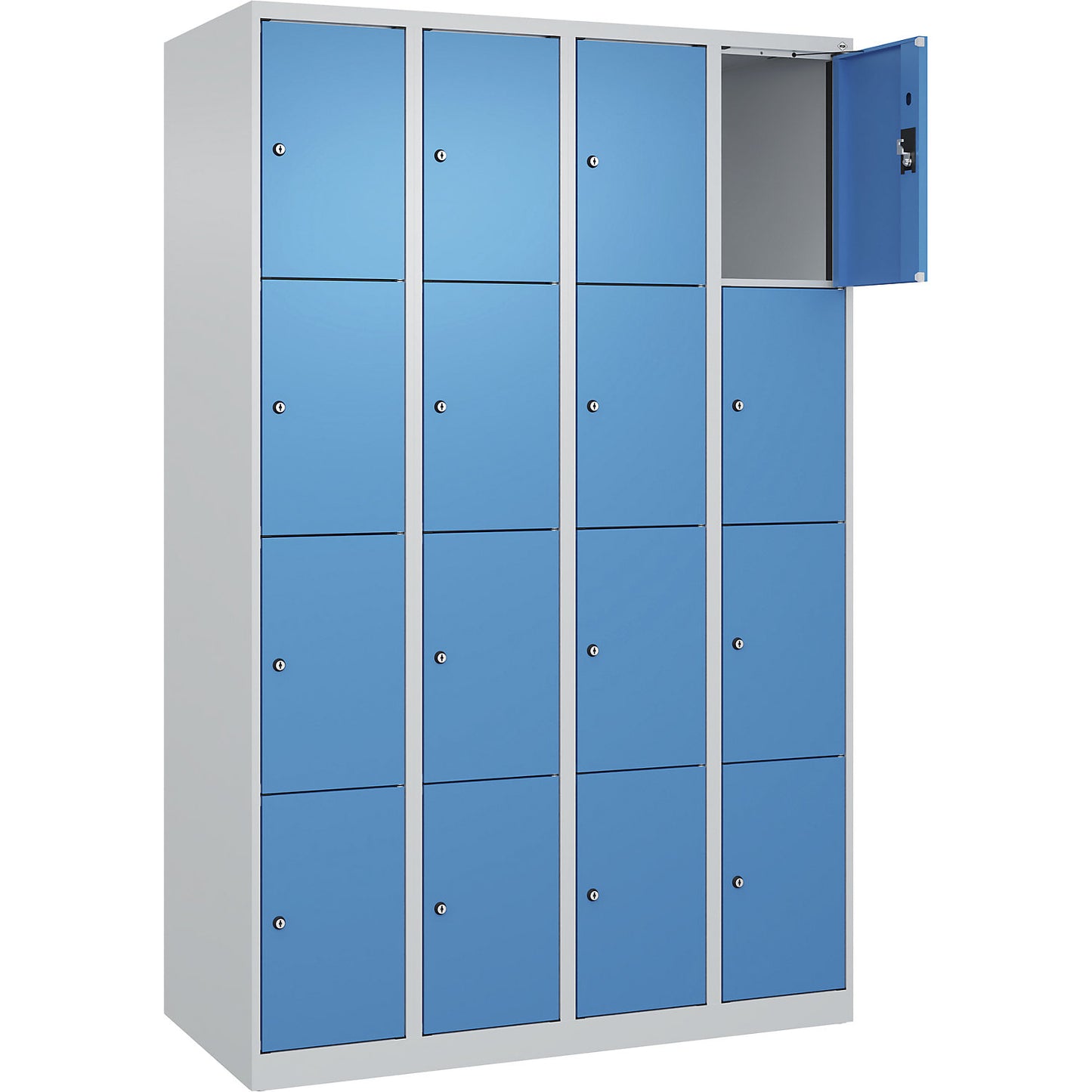 Evolo PLUS 4-fold compartment locker, 4 compartments, light grey / light blue, W 1200 mm, 16 compartments, with floor glides, cylinder lock.
