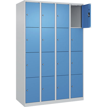 Evolo PLUS 4-fold compartment locker, 4 compartments, light grey / light blue, W 1200 mm, 16 compartments, with floor glides, cylinder lock.