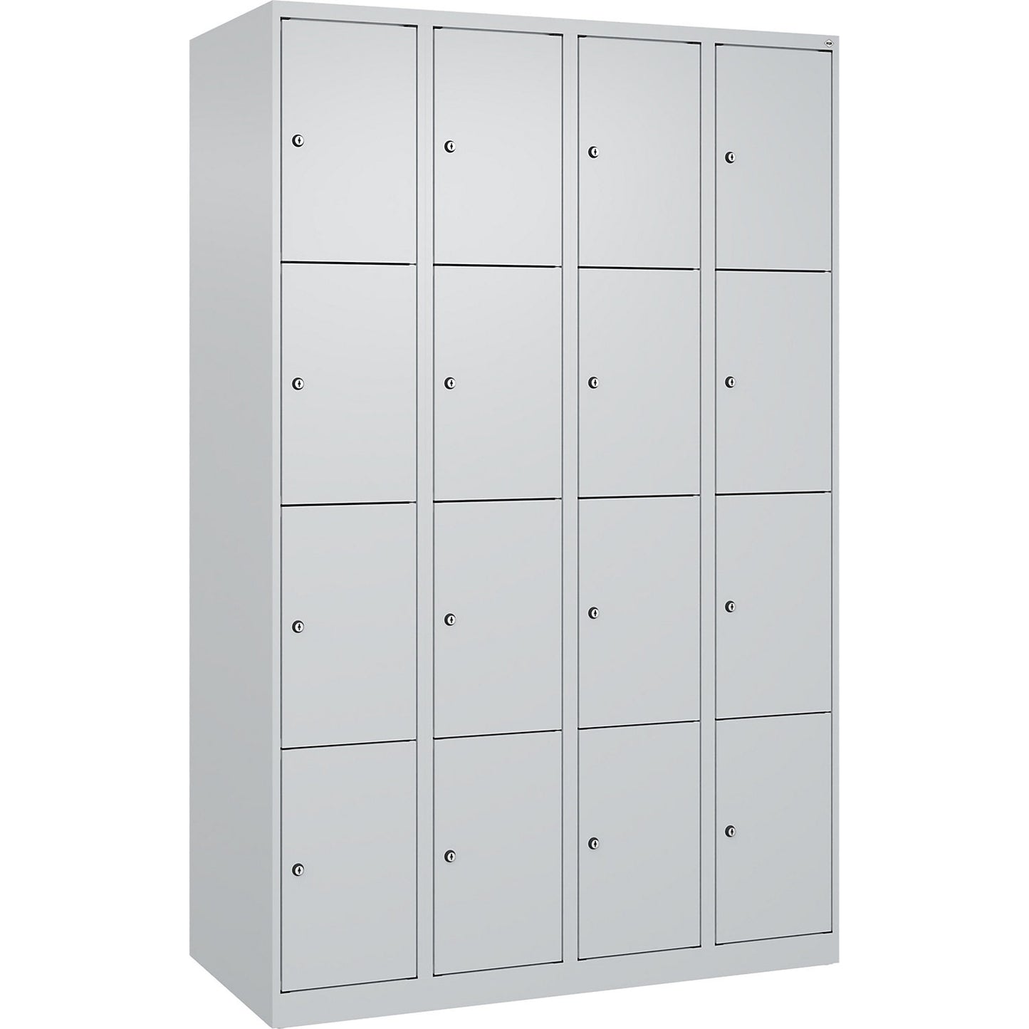 Evolo PLUS 4-fold compartment locker, 4 compartments, light grey, W 1200 mm, 16 compartments, with floor glides, cylinder lock.