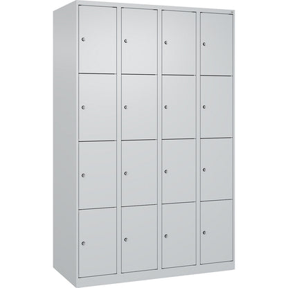 Evolo PLUS 4-fold compartment locker, 4 compartments, light grey, W 1200 mm, 16 compartments, with floor glides, cylinder lock.