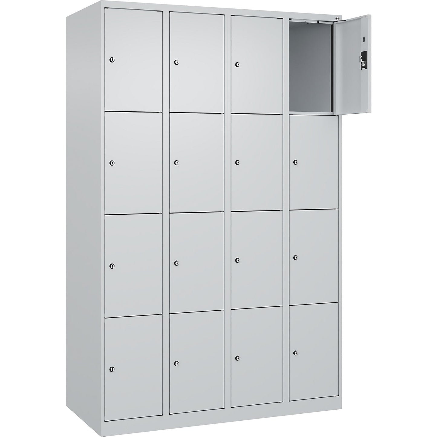 Evolo PLUS 4-fold compartment locker, 4 compartments, light grey, W 1200 mm, 16 compartments, with floor glides, cylinder lock.