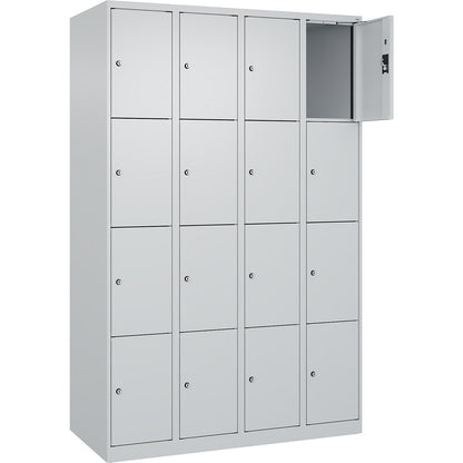 Evolo PLUS 4-fold compartment locker, 4 compartments, light grey, W 1200 mm, 16 compartments, with floor glides, cylinder lock.