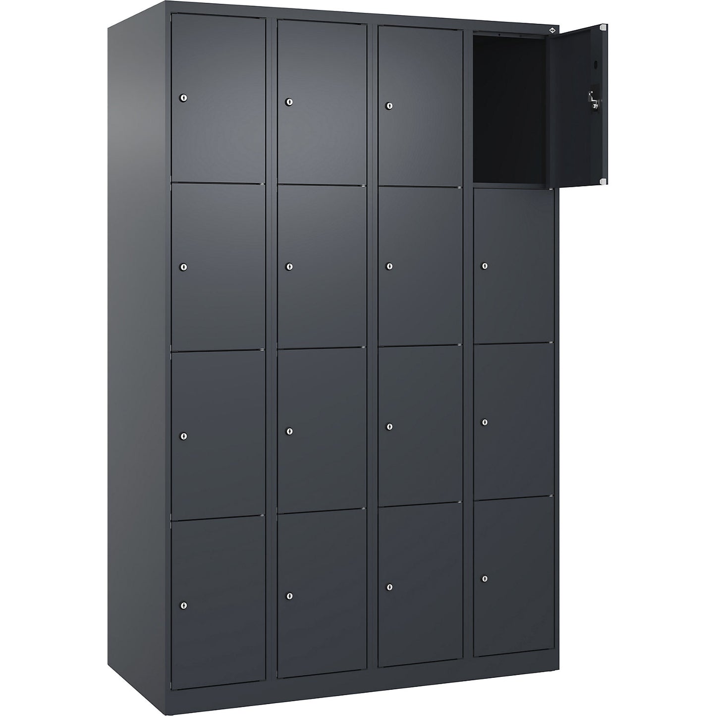 Evolo PLUS 4-fold compartment locker, 4 compartments, grey, W 1200 mm, 16 compartments, with floor glides, cylinder lock.