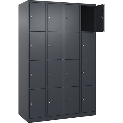 Evolo PLUS 4-fold compartment locker, 4 compartments, grey, W 1200 mm, 16 compartments, with floor glides, cylinder lock.