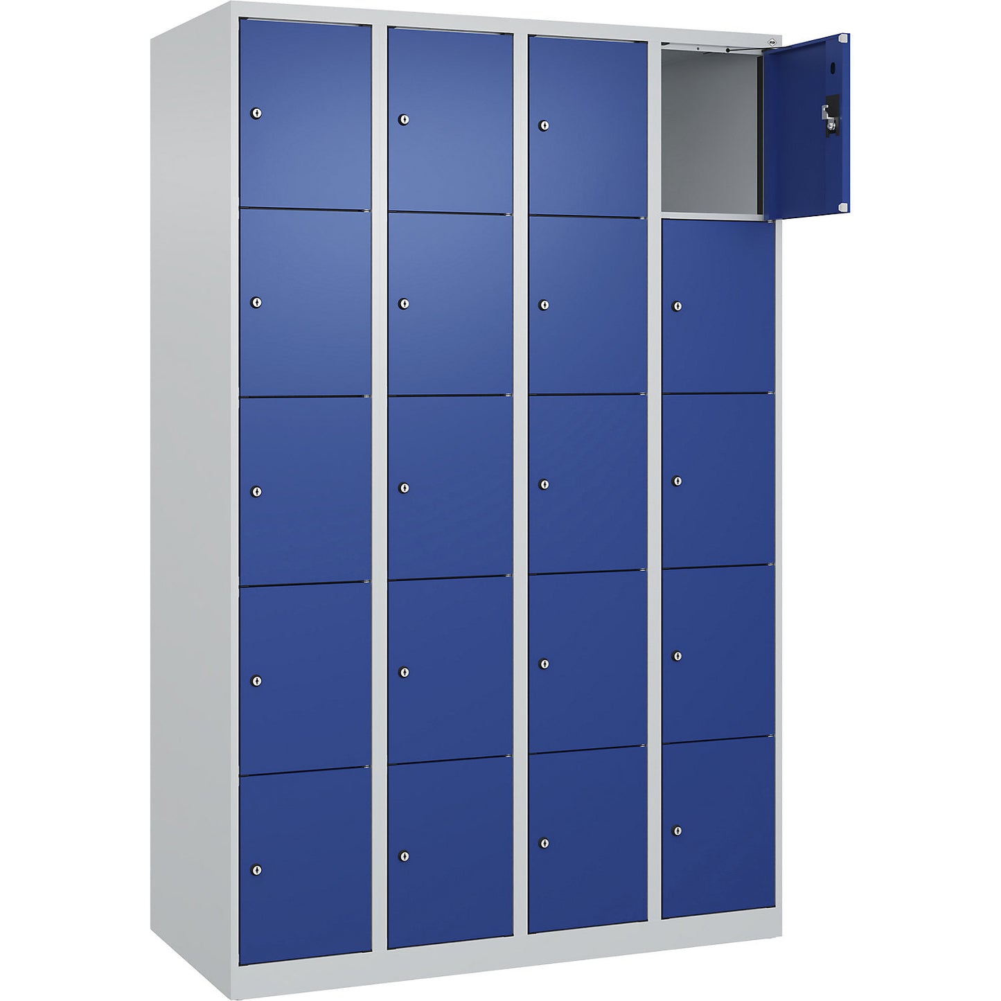 Evolo PLUS 5-fold compartment locker, 4 compartments, light grey / gentian blue, W 1200 mm, 20 compartments, with floor glides, cylinder lock.