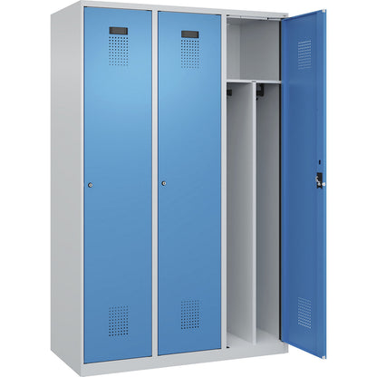 Evolo PLUS clean and dirty clothes locker, narrow, 3 compartments, shortened centre divider, light grey / light blue, W 1200 mm, with floor glides, cylinder lock.
