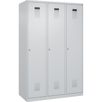 Evolo PLUS clean and dirty clothes locker, narrow, 3 compartments, shortened centre divider, light grey, W 1200 mm, with floor glides, cylinder lock.
