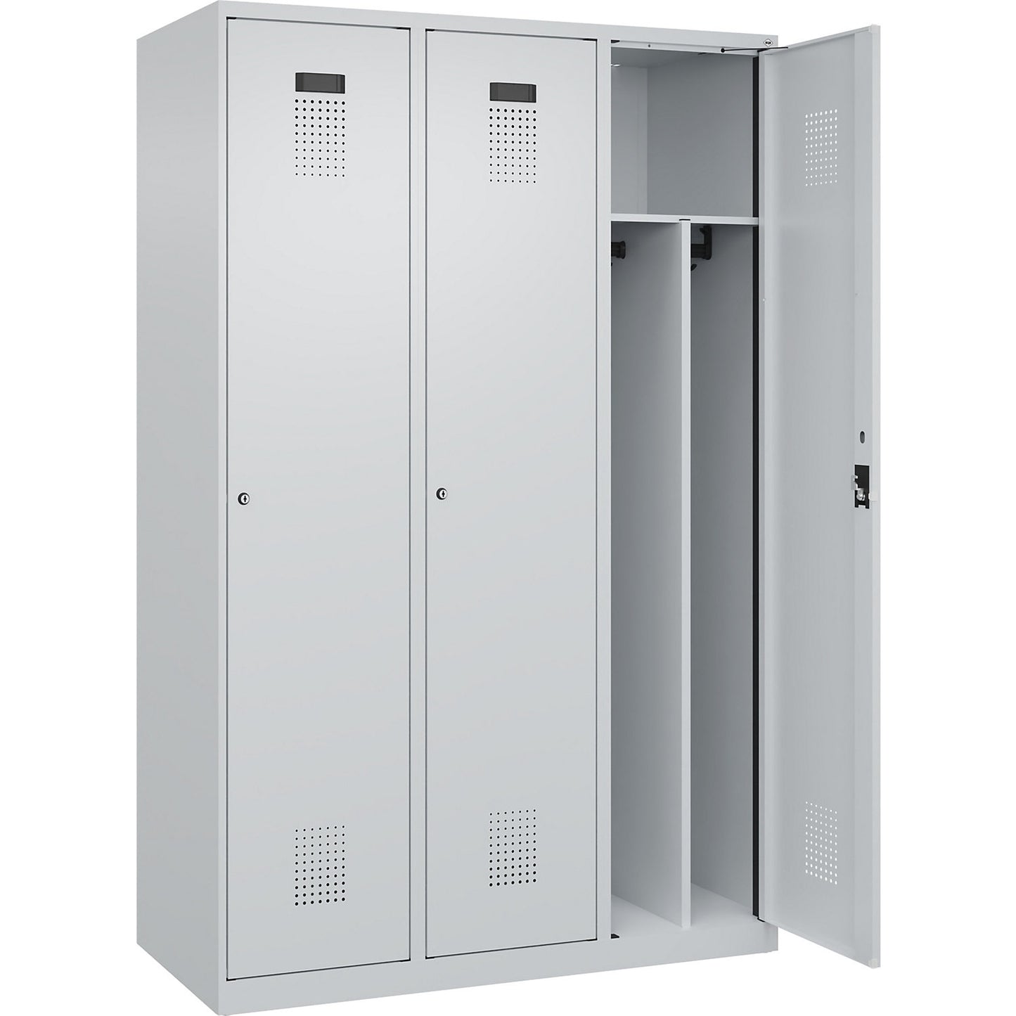 Evolo PLUS clean and dirty clothes locker, narrow, 3 compartments, shortened centre divider, light grey, W 1200 mm, with floor glides, cylinder lock.