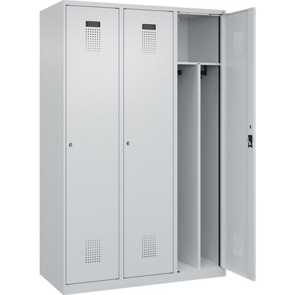 Evolo PLUS clean and dirty clothes locker, narrow, 3 compartments, shortened centre divider, light grey, W 1200 mm, with floor glides, cylinder lock.