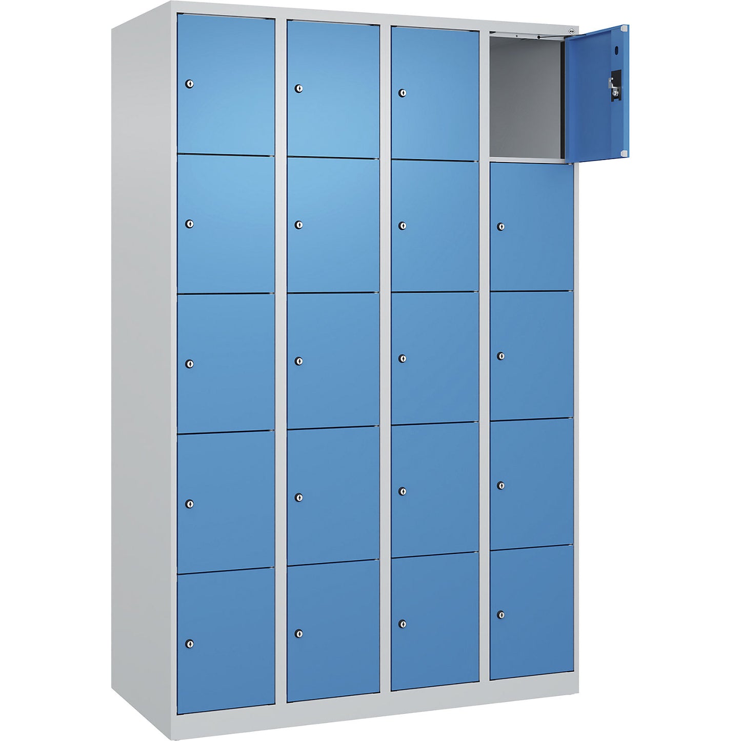 Evolo PLUS 5-fold compartment locker, 4 compartments, light grey / light blue, W 1200 mm, 20 compartments, with floor glides, cylinder lock.
