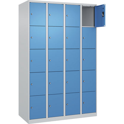 Evolo PLUS 5-fold compartment locker, 4 compartments, light grey / light blue, W 1200 mm, 20 compartments, with floor glides, cylinder lock.