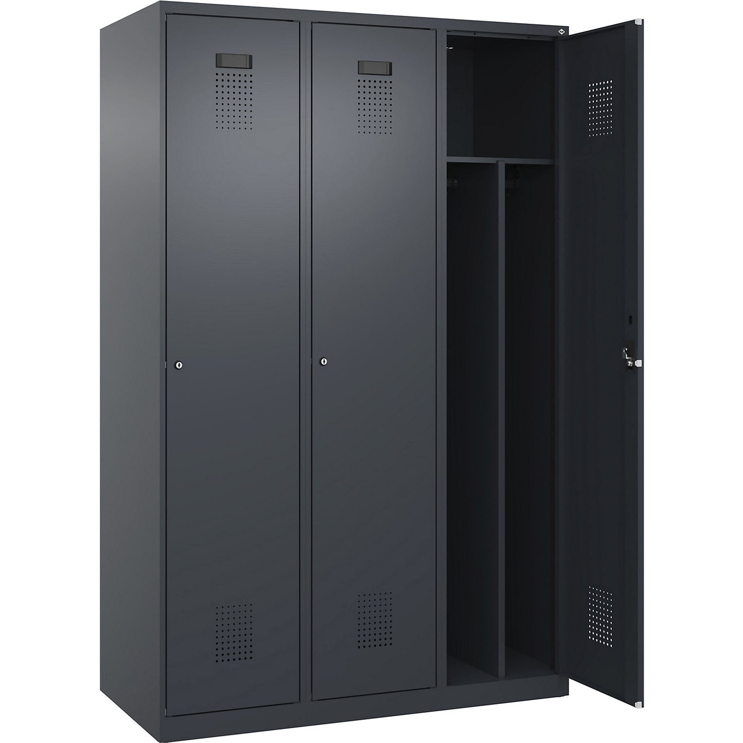 Evolo PLUS clean and dirty clothes locker, narrow, 3 compartments, shortened centre divider, grey, W 1200 mm, with floor glides, cylinder lock.