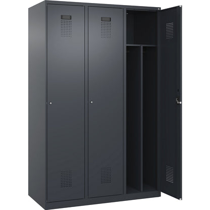 Evolo PLUS clean and dirty clothes locker, narrow, 3 compartments, shortened centre divider, grey, W 1200 mm, with floor glides, cylinder lock.