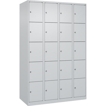 Evolo PLUS 5-fold compartment locker, 4 compartments, light grey, W 1200 mm, 20 compartments, with floor glides, cylinder lock.