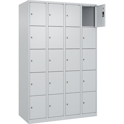 Evolo PLUS 5-fold compartment locker, 4 compartments, light grey, W 1200 mm, 20 compartments, with floor glides, cylinder lock.