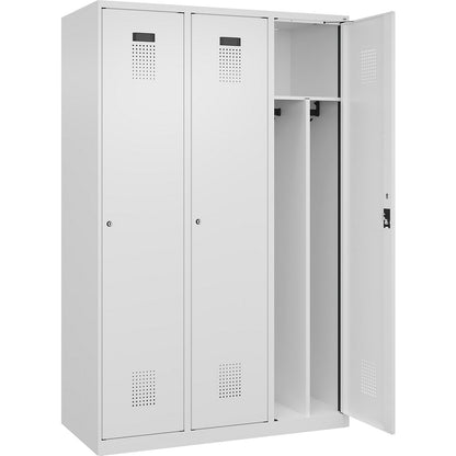 Evolo PLUS clean and dirty clothes locker, narrow, 3 compartments, shortened centre divider, white, W 1200 mm, with floor glides, cylinder lock.