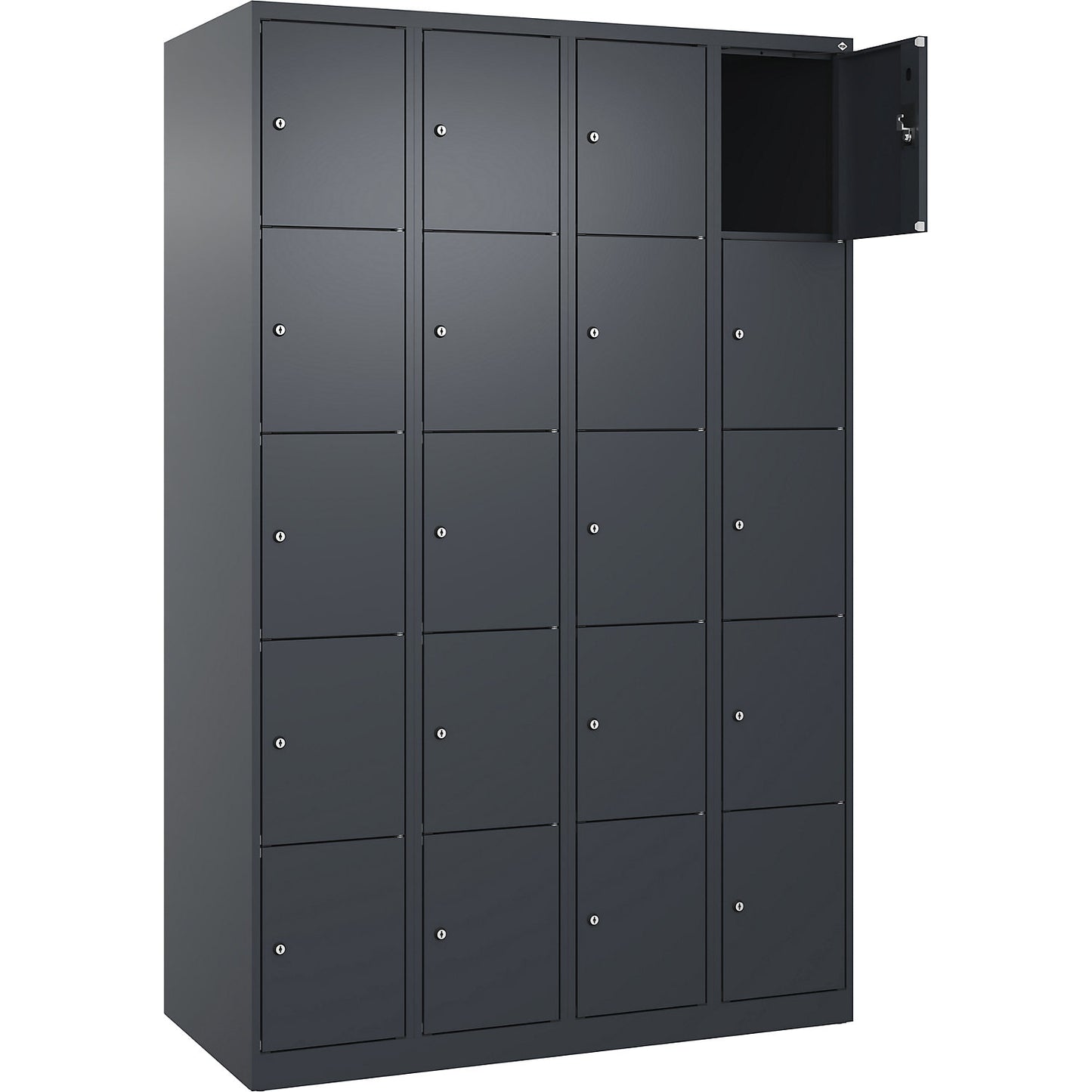 Evolo PLUS 5-fold compartment locker, 4 compartments, grey, W 1200 mm, 20 compartments, with floor glides, cylinder lock.