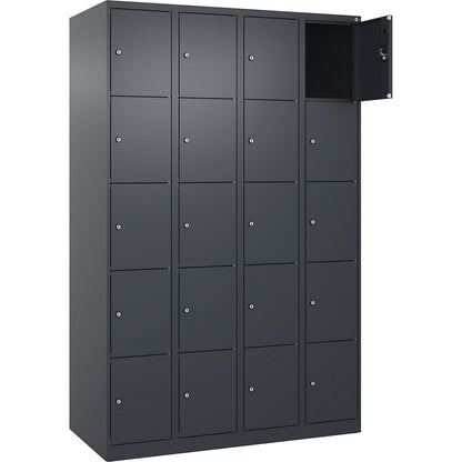 Evolo PLUS 5-fold compartment locker, 4 compartments, grey, W 1200 mm, 20 compartments, with floor glides, cylinder lock.