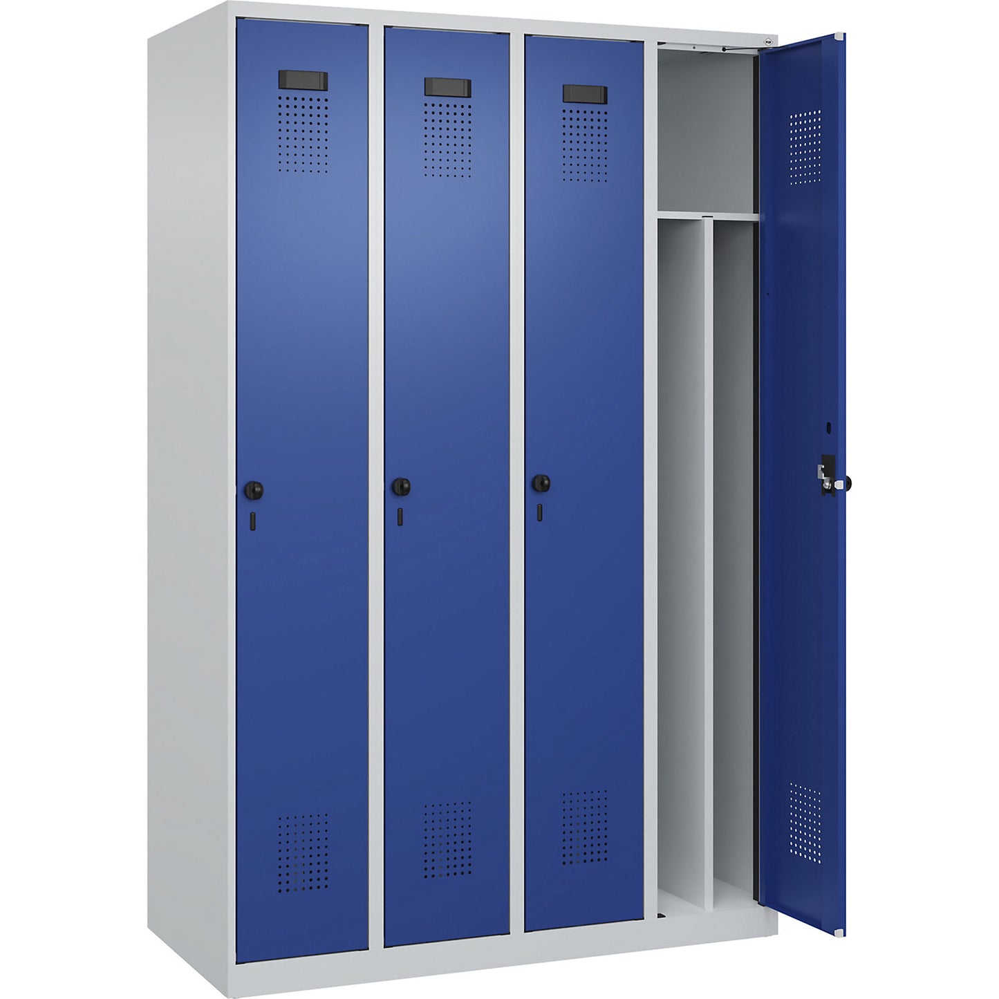 Evolo PLUS clean and dirty clothes locker, narrow, 4 compartments, shortened centre divider, light grey / gentian blue, W 1200 mm, with floor glides, security rotary bolt.