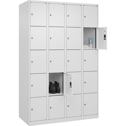 Evolo PLUS 5-fold compartment locker, 4 compartments, white, W 1200 mm, 20 compartments, with floor glides, cylinder lock.