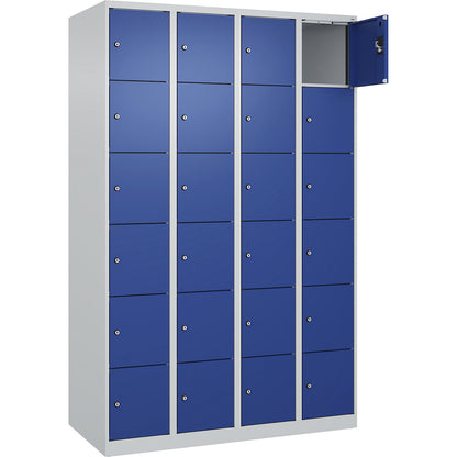 Evolo PLUS 6-fold compartment locker, 4 compartments, light grey / gentian blue, W 1200 mm, 24 compartments, with floor glides, cylinder lock.
