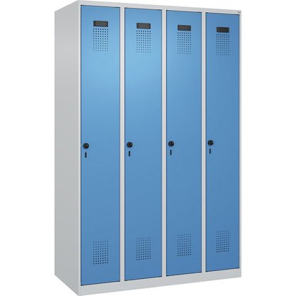 Evolo PLUS clean and dirty clothes locker, narrow, 4 compartments, shortened centre divider, light grey / light blue, W 1200 mm, with floor glides, security rotary bolt.