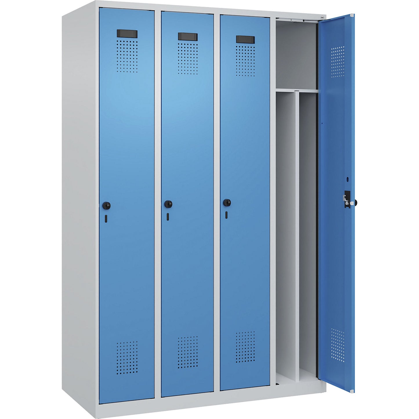 Evolo PLUS clean and dirty clothes locker, narrow, 4 compartments, shortened centre divider, light grey / light blue, W 1200 mm, with floor glides, security rotary bolt.
