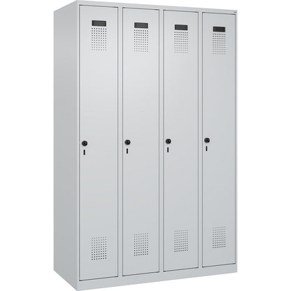 Evolo PLUS clean and dirty clothes locker, narrow, 4 compartments, shortened centre divider, light grey, W 1200 mm, with floor glides, security rotary bolt.