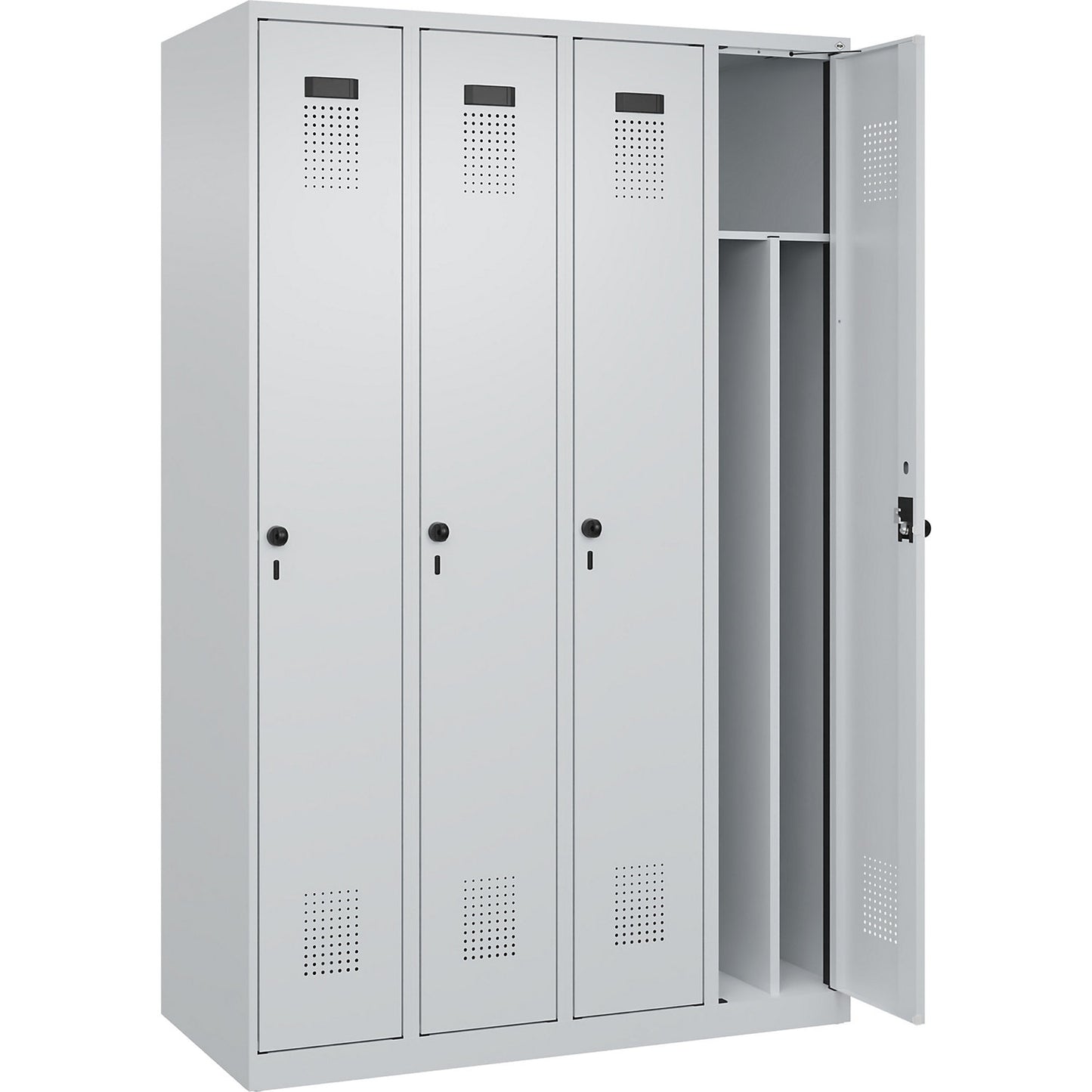 Evolo PLUS clean and dirty clothes locker, narrow, 4 compartments, shortened centre divider, light grey, W 1200 mm, with floor glides, security rotary bolt.