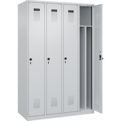 Evolo PLUS clean and dirty clothes locker, narrow, 4 compartments, shortened centre divider, light grey, W 1200 mm, with floor glides, security rotary bolt.
