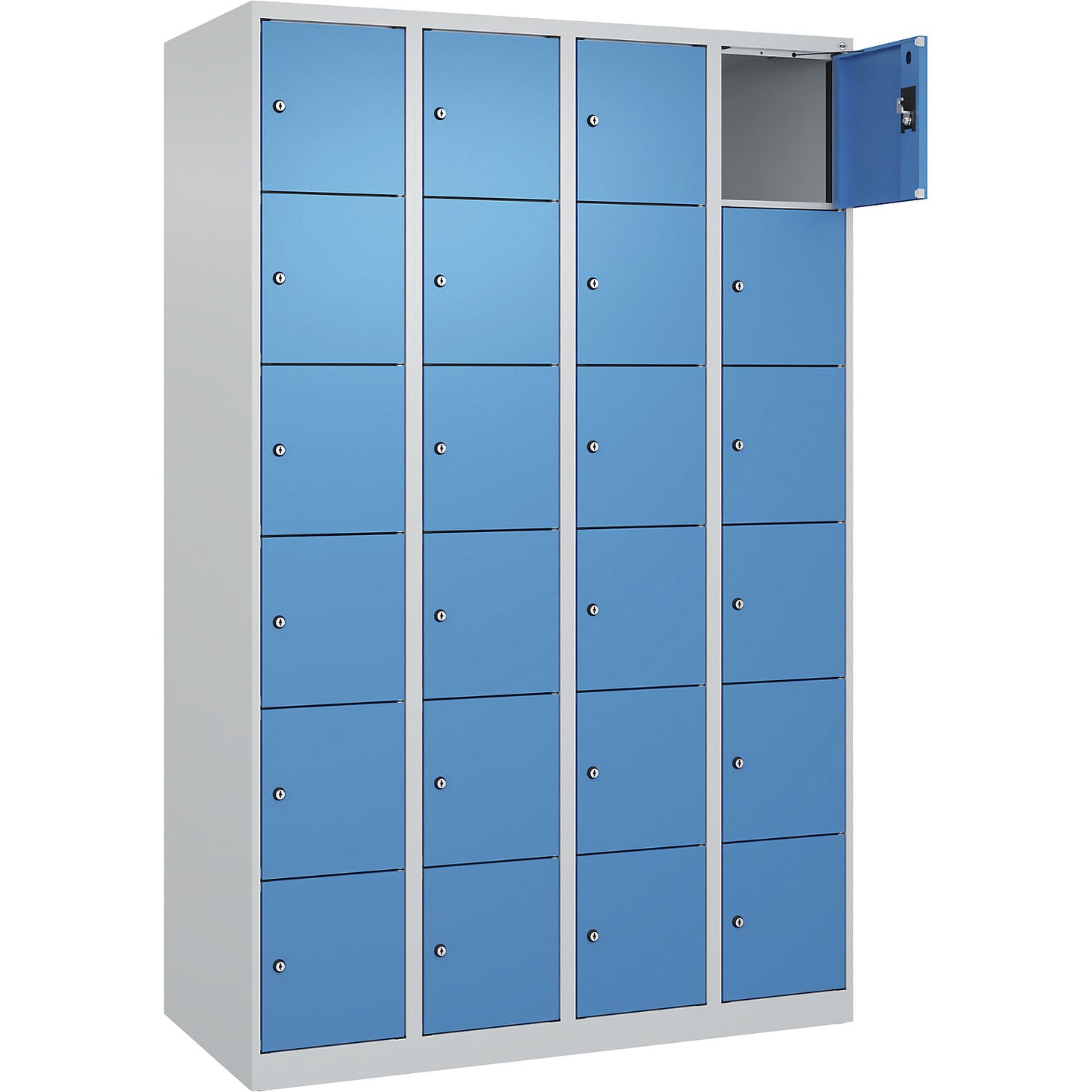 Evolo PLUS 6-fold compartment locker, 4 compartments, light grey / light blue, W 1200 mm, 24 compartments, with floor glides, cylinder lock.