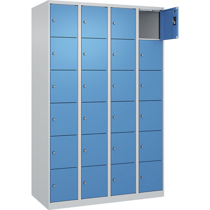 Evolo PLUS 6-fold compartment locker, 4 compartments, light grey / light blue, W 1200 mm, 24 compartments, with floor glides, cylinder lock.