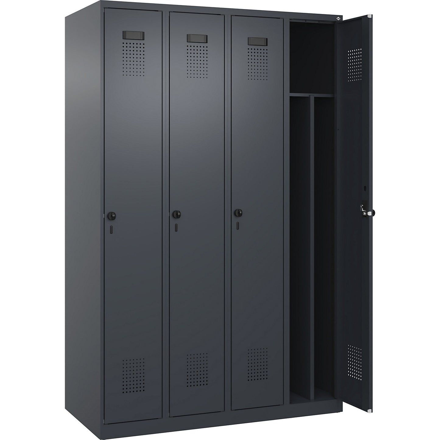 Evolo PLUS clean and dirty clothes locker, narrow, 4 compartments, shortened centre divider, grey, W 1200 mm, with floor glides, security rotary bolt.