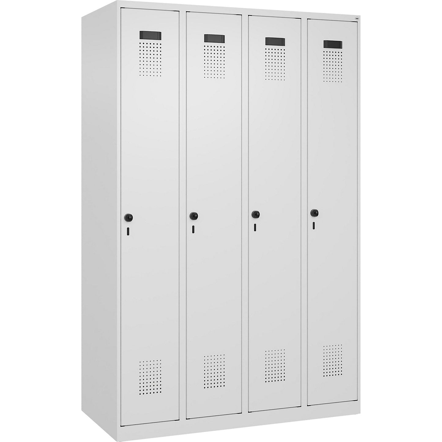 Evolo PLUS clean and dirty clothes locker, narrow, 4 compartments, shortened centre divider, white, W 1200 mm, with floor glides, security rotary bolt.