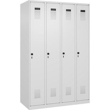 Evolo PLUS clean and dirty clothes locker, narrow, 4 compartments, shortened centre divider, white, W 1200 mm, with floor glides, security rotary bolt.