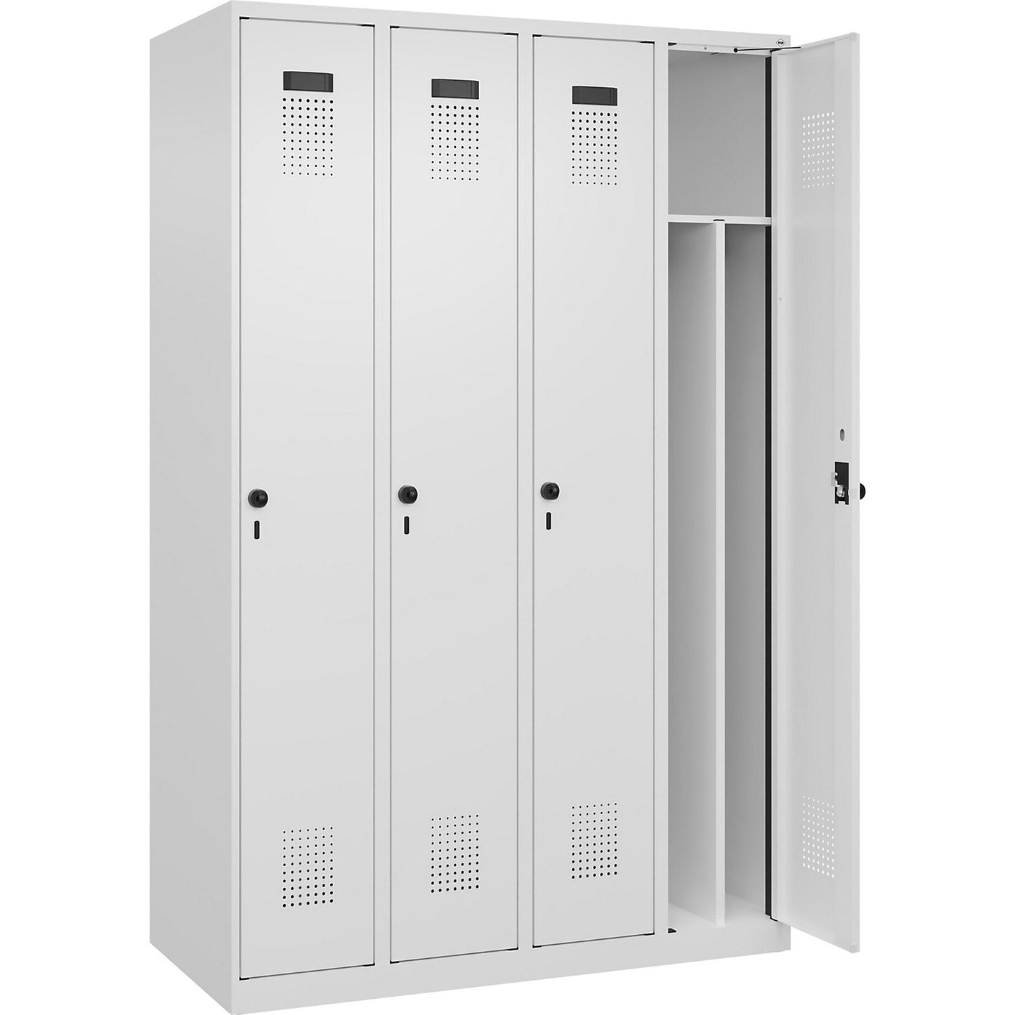 Evolo PLUS clean and dirty clothes locker, narrow, 4 compartments, shortened centre divider, white, W 1200 mm, with floor glides, security rotary bolt.