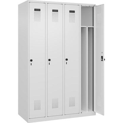 Evolo PLUS clean and dirty clothes locker, narrow, 4 compartments, shortened centre divider, white, W 1200 mm, with floor glides, security rotary bolt.