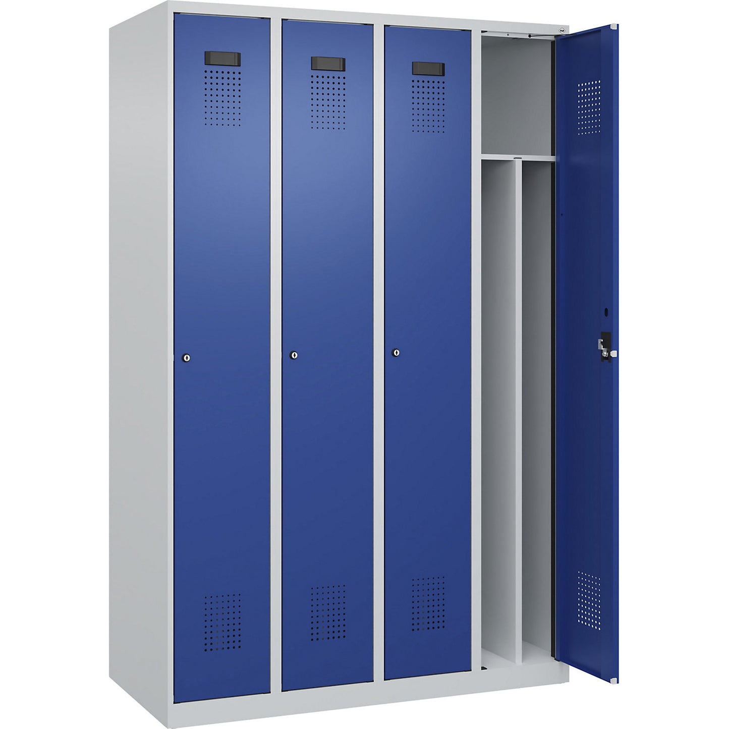 Evolo PLUS clean and dirty clothes locker, narrow, 4 compartments, shortened centre divider, light grey / gentian blue, W 1200 mm, with floor glides, cylinder lock.