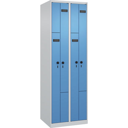 Evolo PLUS Z-locker, 2 compartments, light grey / light blue, W 600 mm, 4 compartments, with floor glides, security rotary bolt.