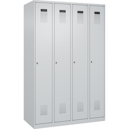 Evolo PLUS clean and dirty clothes locker, narrow, 4 compartments, shortened centre divider, light grey, W 1200 mm, with floor glides, cylinder lock.