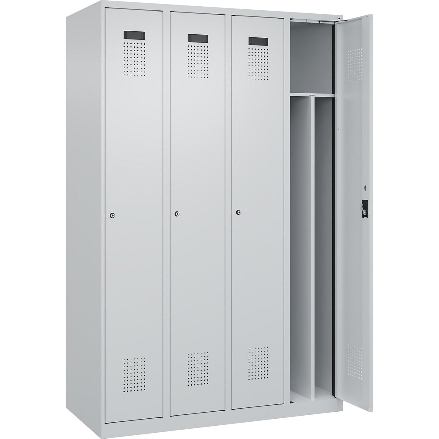 Evolo PLUS clean and dirty clothes locker, narrow, 4 compartments, shortened centre divider, light grey, W 1200 mm, with floor glides, cylinder lock.