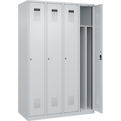 Evolo PLUS clean and dirty clothes locker, narrow, 4 compartments, shortened centre divider, light grey, W 1200 mm, with floor glides, cylinder lock.