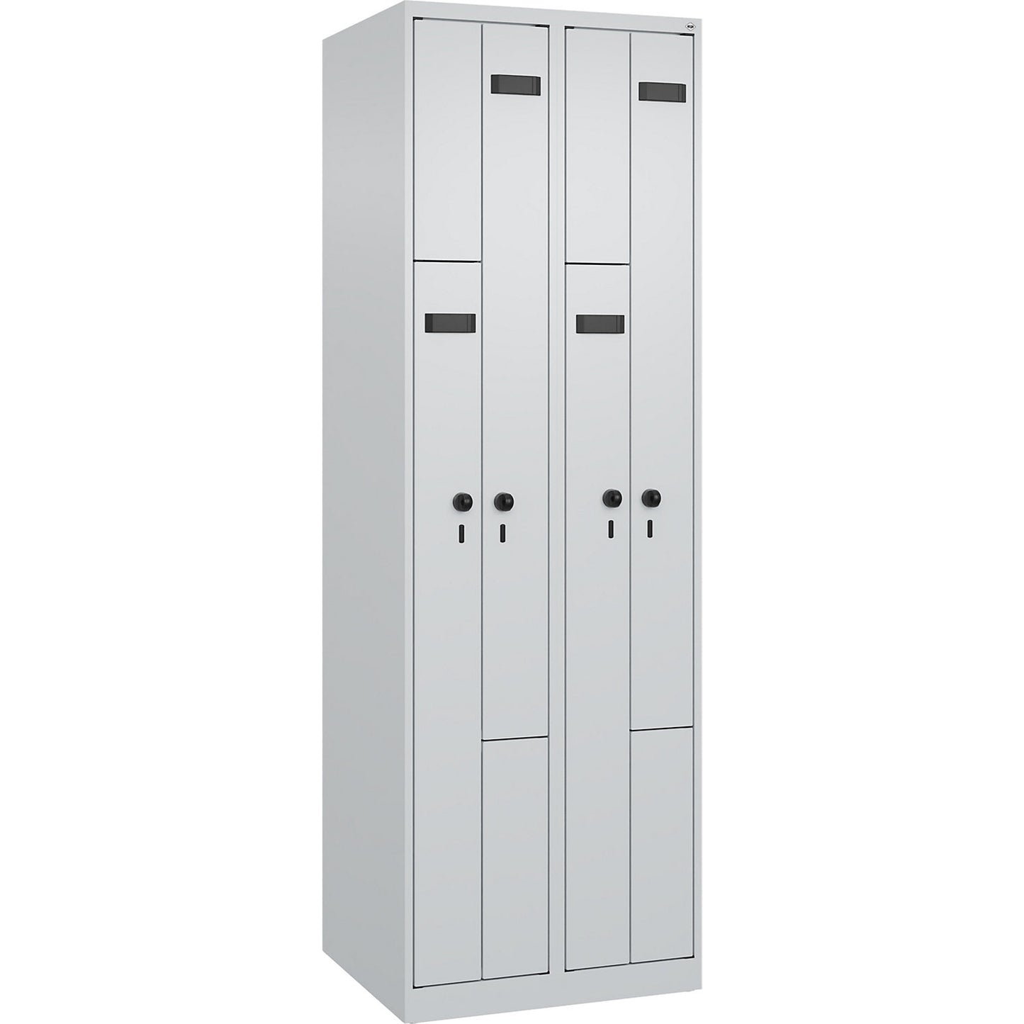 Evolo PLUS Z-locker, 2 compartments, light grey, W 600 mm, 4 compartments, with floor glides, security rotary bolt.