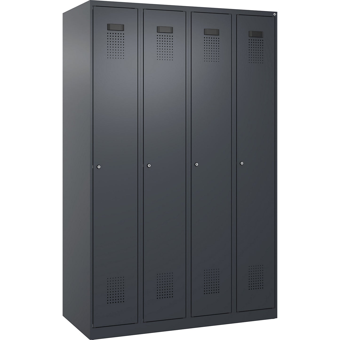 Evolo PLUS clean and dirty clothes locker, narrow, 4 compartments, shortened centre divider, grey, W 1200 mm, with floor glides, cylinder lock.