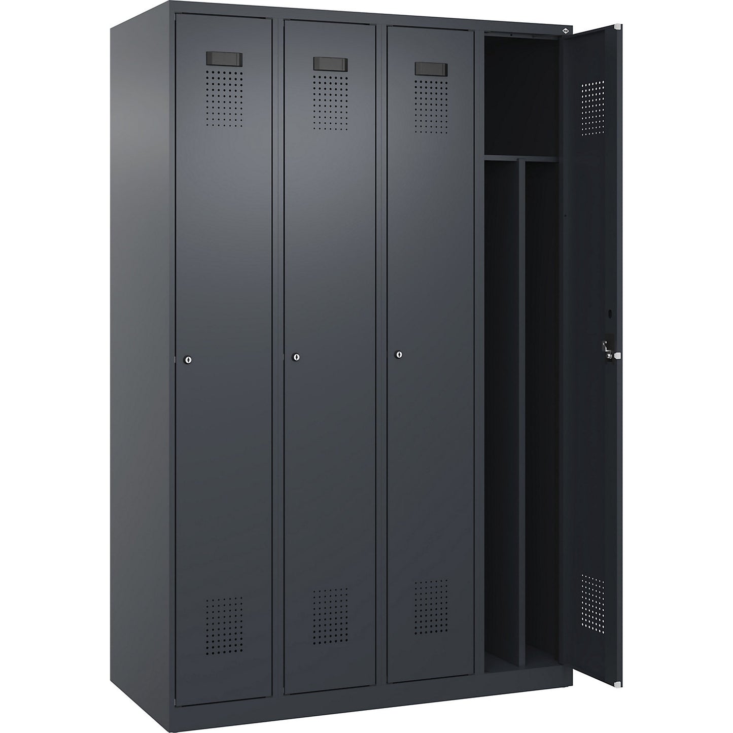 Evolo PLUS clean and dirty clothes locker, narrow, 4 compartments, shortened centre divider, grey, W 1200 mm, with floor glides, cylinder lock.