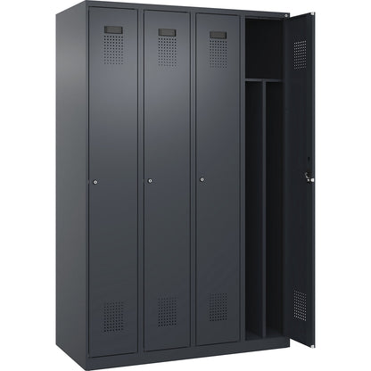 Evolo PLUS clean and dirty clothes locker, narrow, 4 compartments, shortened centre divider, grey, W 1200 mm, with floor glides, cylinder lock.