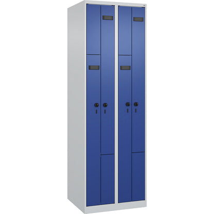 Evolo PLUS Z-locker, 2 compartments, light grey / gentian blue, W 600 mm, 4 compartments, with floor glides, security rotary bolt.