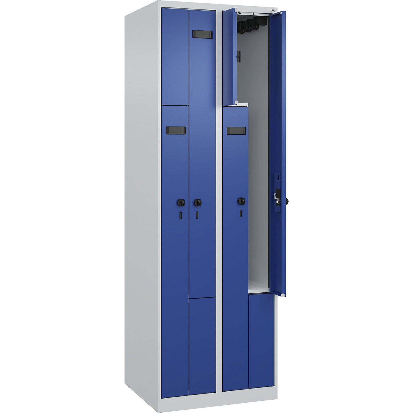 Evolo PLUS Z-locker, 2 compartments, light grey / gentian blue, W 600 mm, 4 compartments, with floor glides, security rotary bolt.